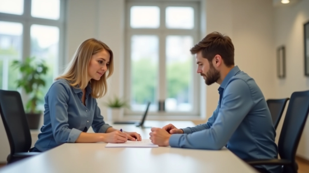 Bankangestellter und junger Kunde sitzen am Schreibtisch, besprechen Kontoformulare, helles Bankbüro, professional, obere Körperhälfte, scharfer Fokus