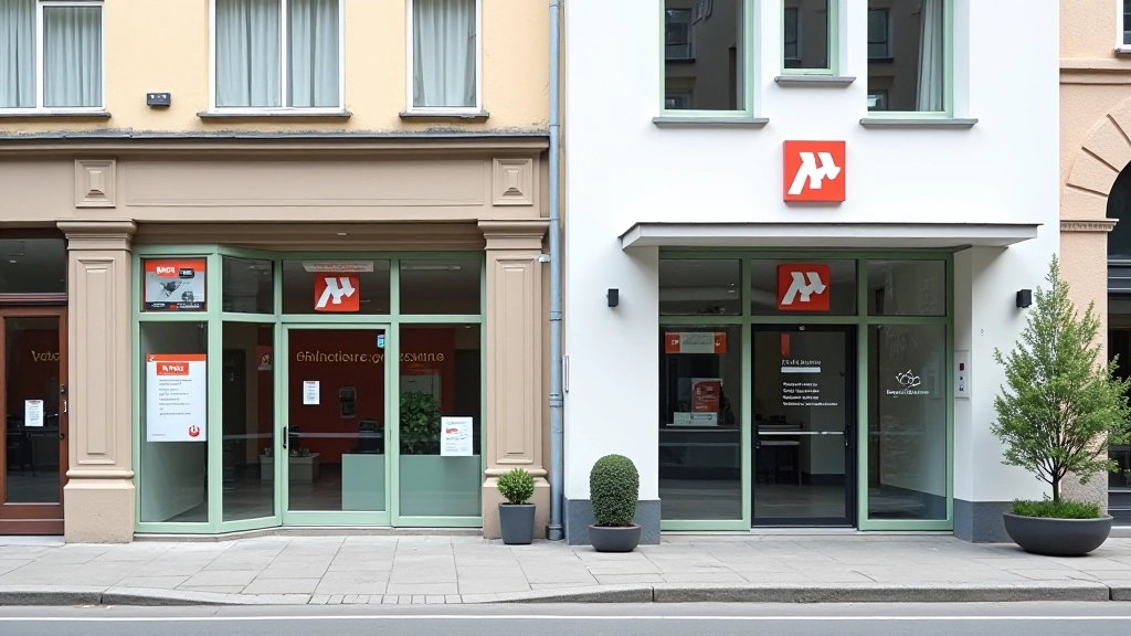 Verschiedene Bankgebäude nebeneinander, traditionelle Sparkasse, moderne Online-Bank, Straßenszene, Tageslicht, scharfer Fokus