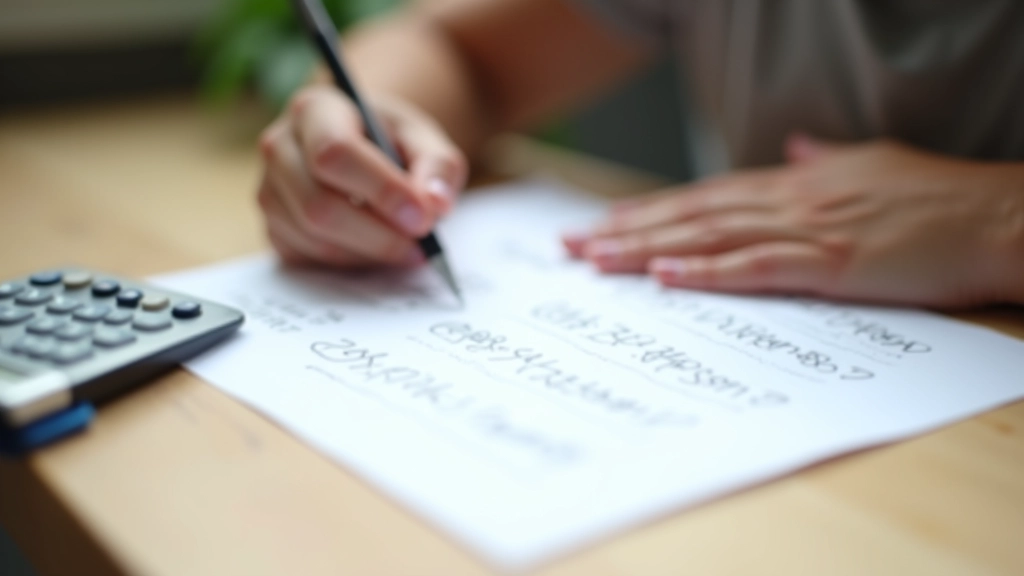 Handgeschriebene Budget-Tabelle mit Stift und Taschenrechner auf Holzschreibtisch, natürliches Tageslicht, scharf fokussiert