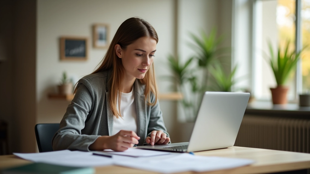Junge Frau sitzt am Schreibtisch mit Laptop und Dokumenten, öffnet ihr erstes Girokonto online, helles Homeoffice, scharfer Fokus