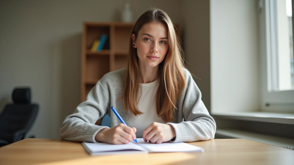Junge Frau sitzt am Schreibtisch mit Notizbuch und arbeitet an ihrem persönlichen Budget und Finanzplan