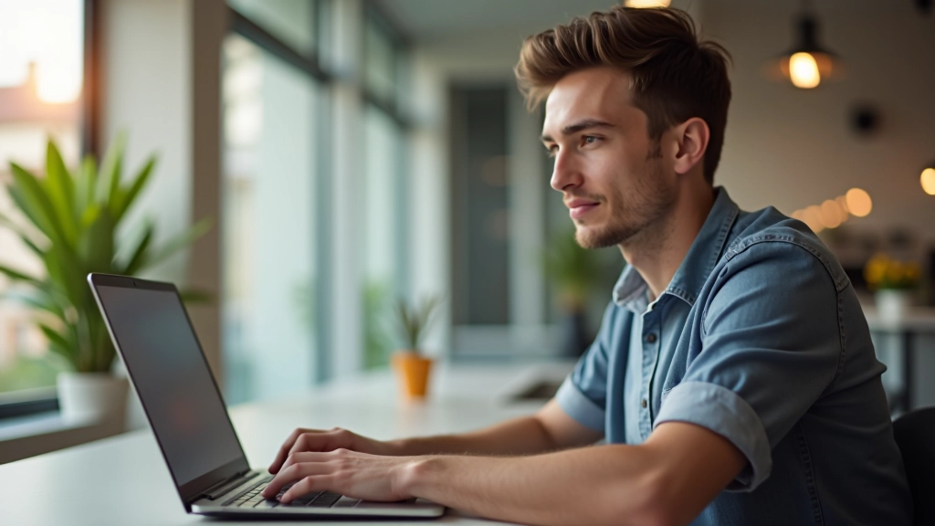 Junger Mann eröffnet sein erstes Girokonto online, modernes Banken-Interface auf Laptop sichtbar