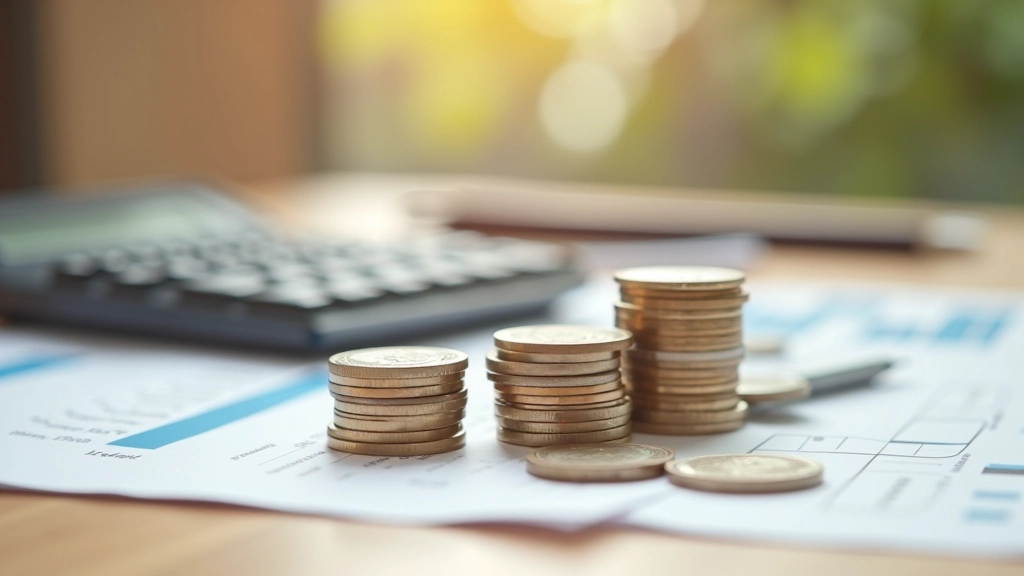 Stapel von Münzen und Geldscheinen auf Holztisch mit Taschenrechner und Finanzunterlagen
