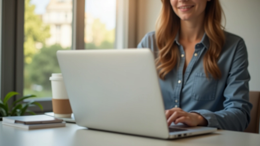 Person am Laptop mit Tasse Kaffee, Fenster mit Tageslicht im Hintergrund, entspannte Arbeitsatmosphäre