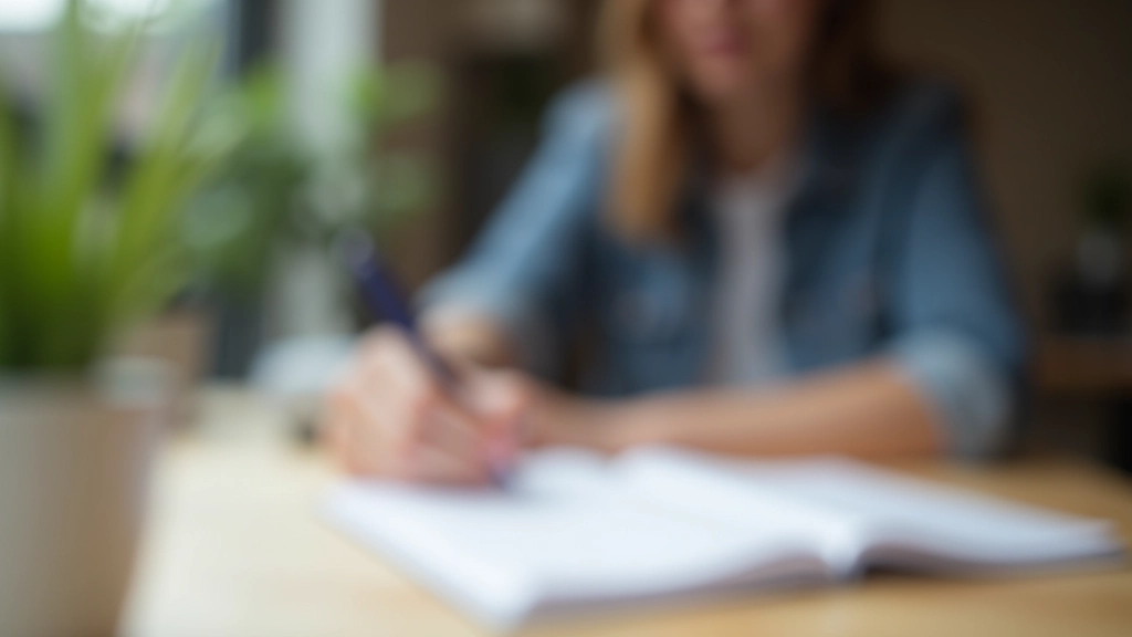 Person schreibt Finanz-Gewohnheiten auf, Notizbuch und Stift auf Schreibtisch mit Pflanze