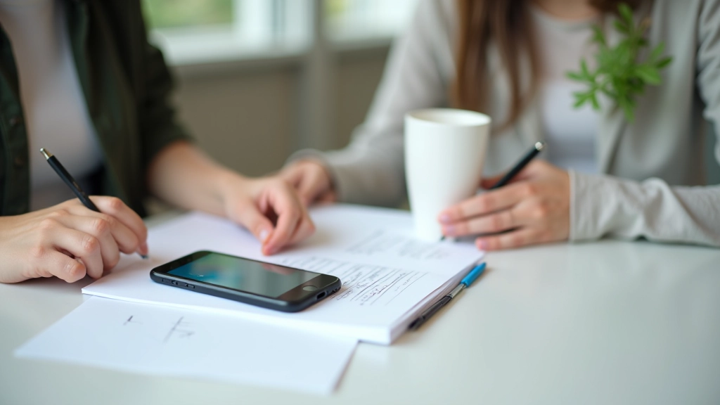 Smartphone mit Finanz-App auf Bildschirm, daneben Notizen und Stift, moderner Schreibtisch mit klarem Hintergrund