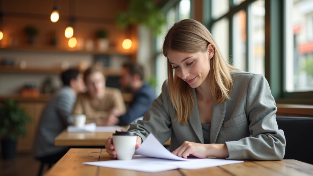 Student mit Budgetplan und Notizblock, Café-Umgebung, konzentriert arbeitend am Tisch