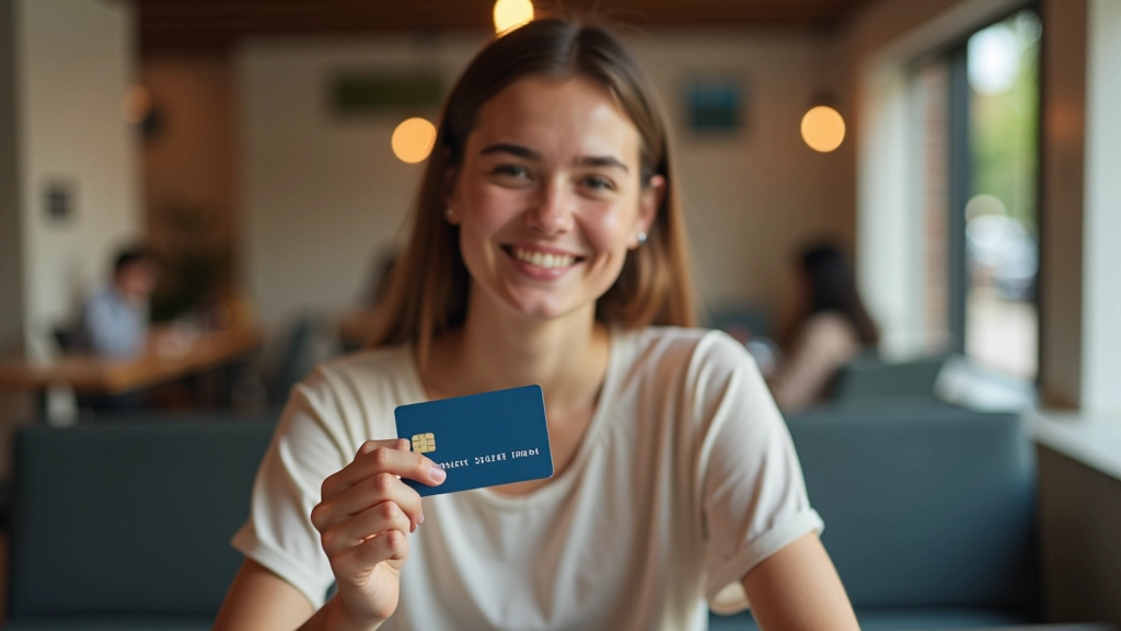 Junge Person hält ihre neue Bankkarte in der Hand, lächelt zufrieden, modernes Café, Tageslicht, obere Körperhälfte, scharfer Fokus