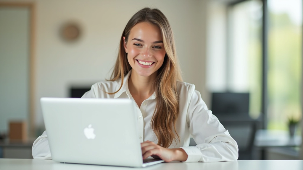 Junge Frau mit Laptop beim Online-Banking, lächelnd